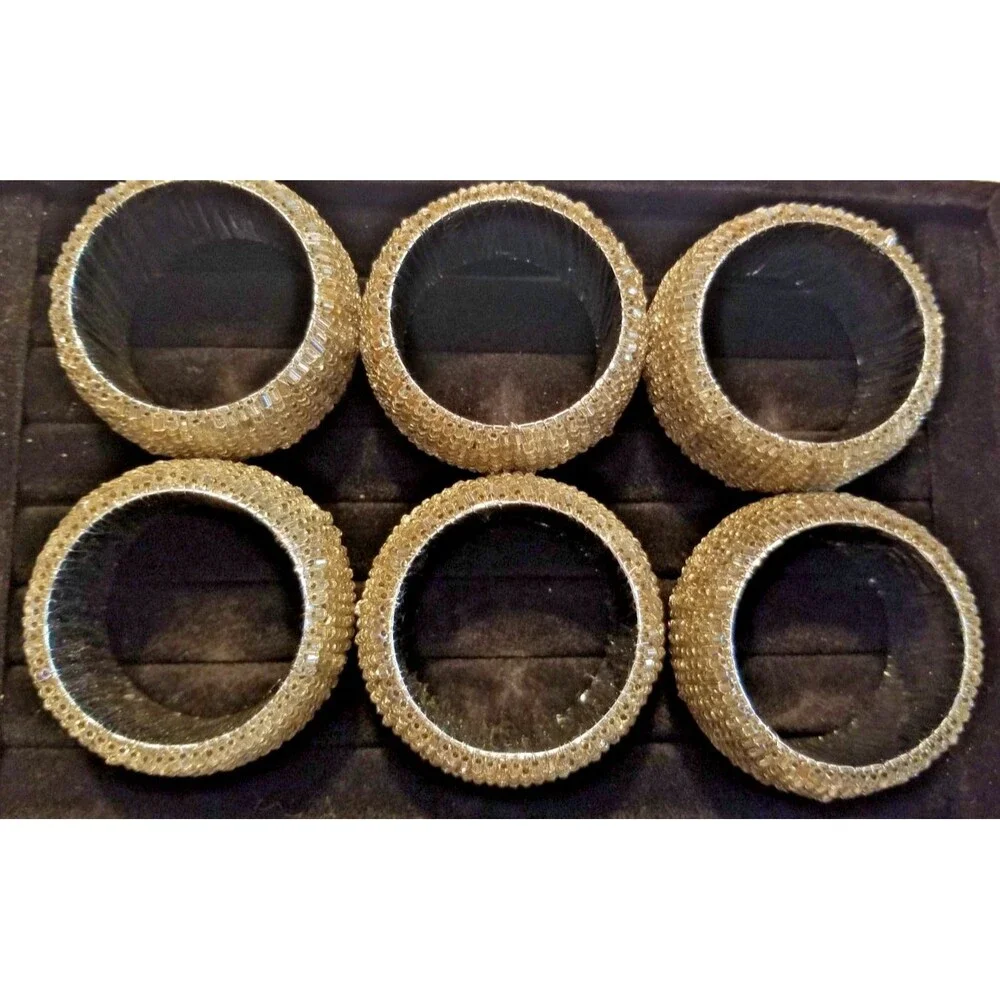 Elegant Beaded Napkin RIng Holders Silver Round Set of 6 Special Occasion